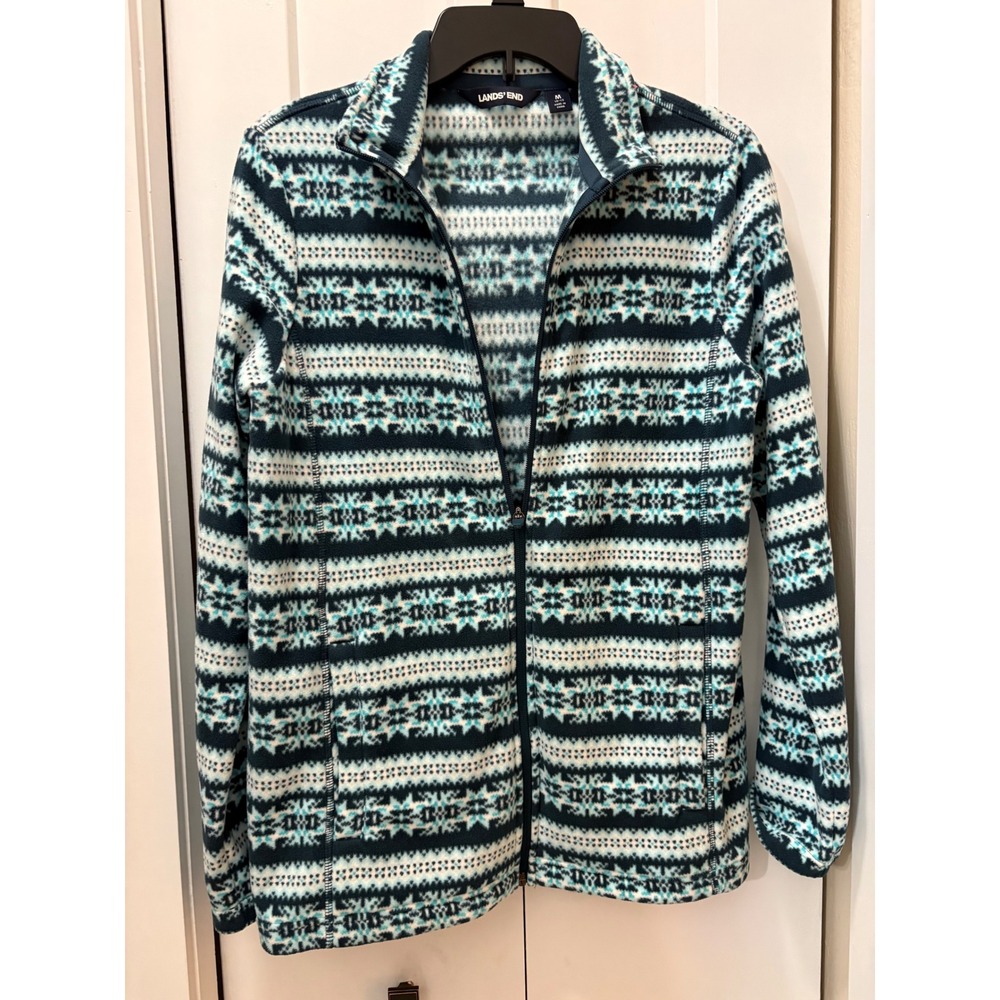 Lands End Womens Fleece Jacket Medium 10-12 Navy Teal Fair Isle Full Zip Nordic